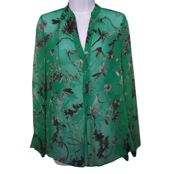 Alice & Olivia Burnout Velvet L-Sleeve Kelly Green/Grey Whimsy Sheer Blouse XS - Picture 2 of 13
